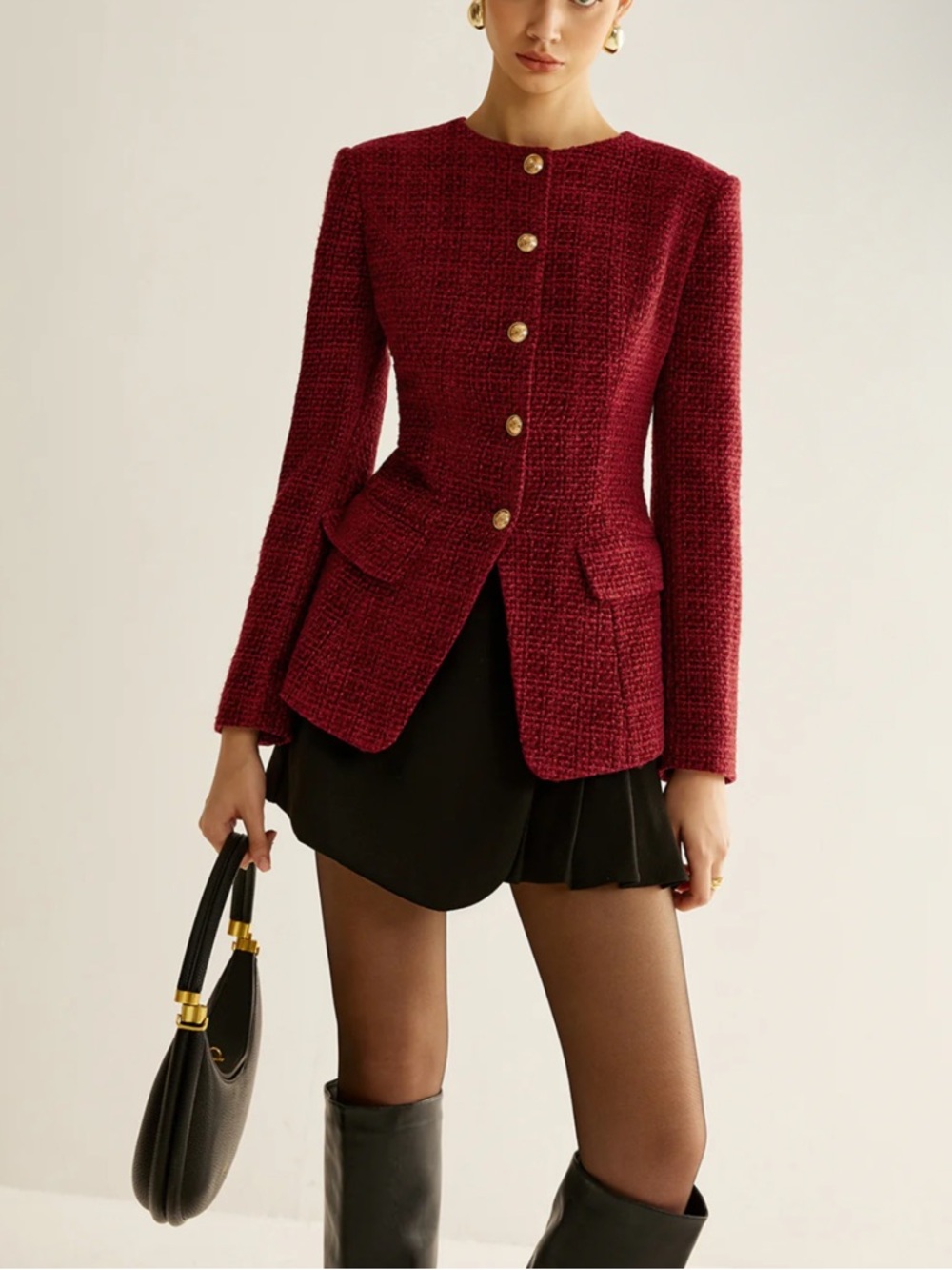 NWT Commense Elegant Burgundy Tweed Button-Up Slit Women's Blazer
